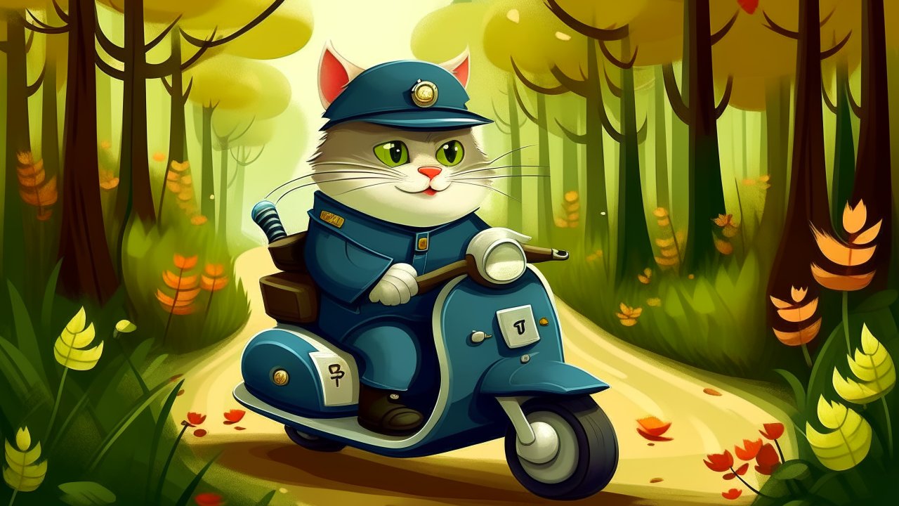 Cat Policeman Riding a Blue Scooter in a Forest