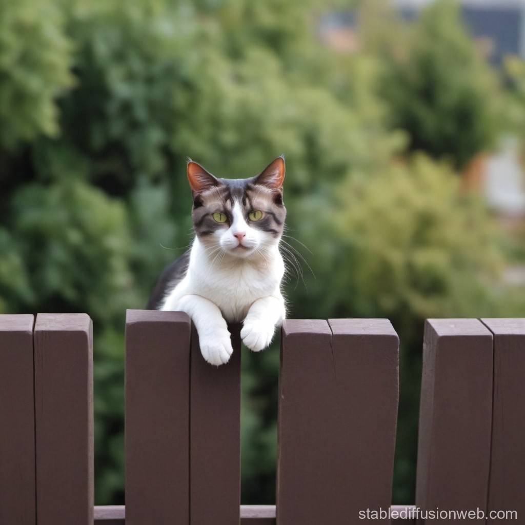 Cat Relaxing on Wooden Fence with Greenery Background