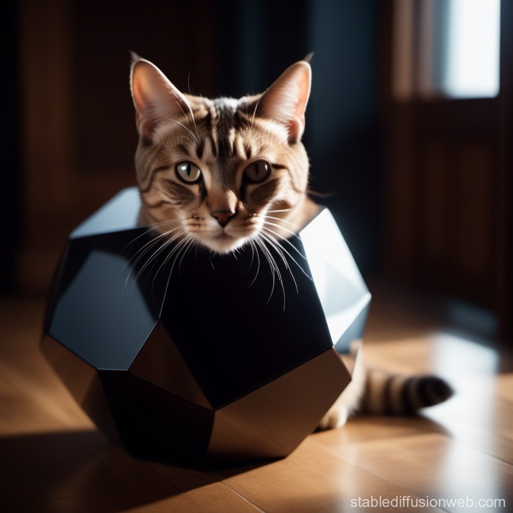 Cat Resting Inside a Geometric Black Polygon Object
