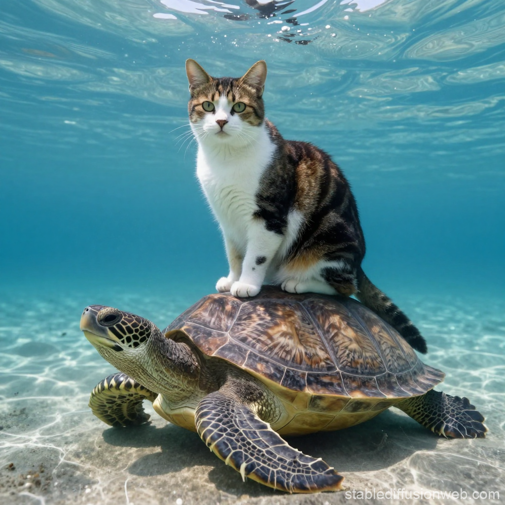 Cat Riding on a Sea Turtle Underwater