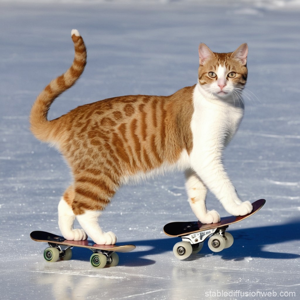 Cat Riding Two Mini Skateboards on Ice