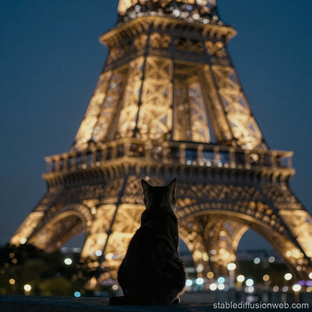 Cat Silhouette Gazing at Illuminated Eiffel Tower at Night
