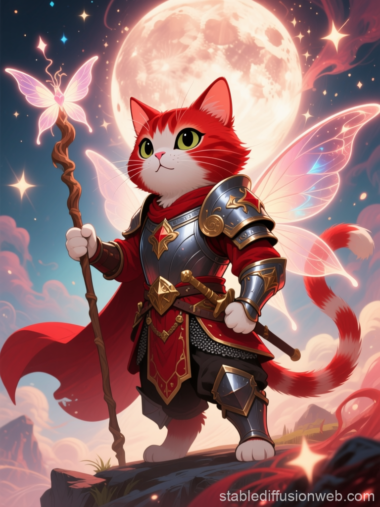 Cat Warrior with Fairy Wings Under Full Moon