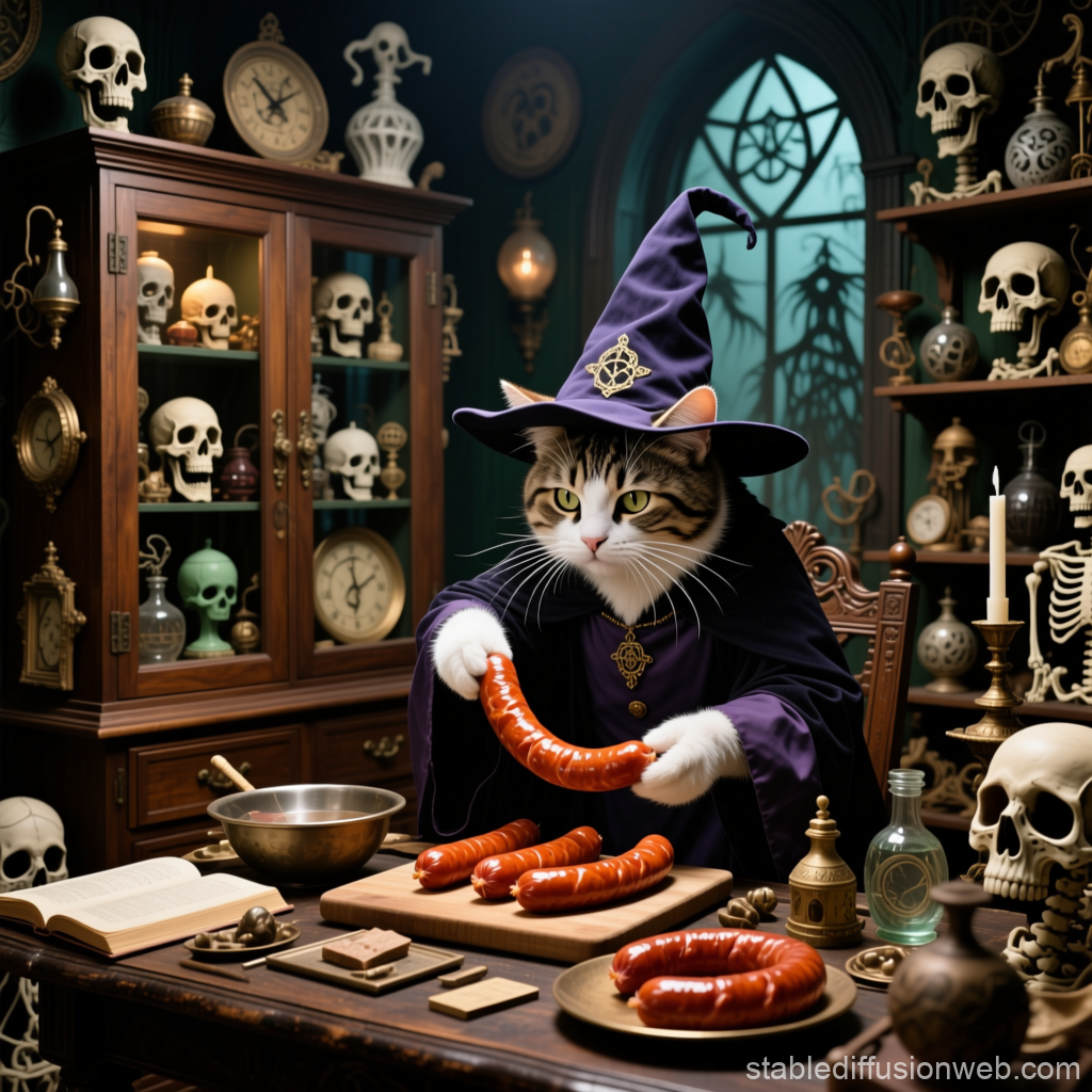 Cat Wizard Crafting Magical Sausages in a Gothic Study