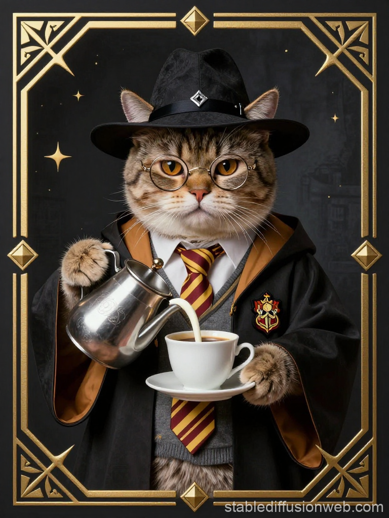 Cat Wizard Pouring Tea in Magical Attire