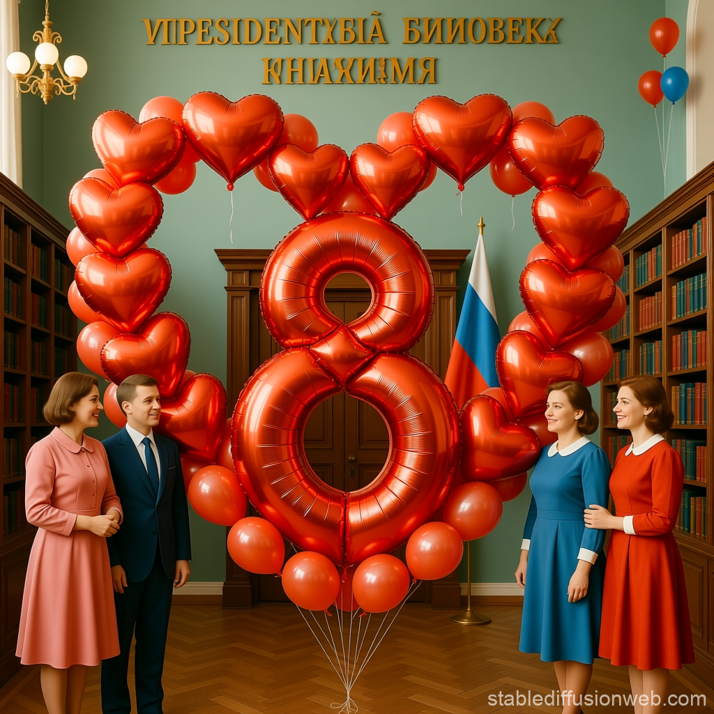 Celebration with Red Heart Balloons and Number 8 in Vintage Library