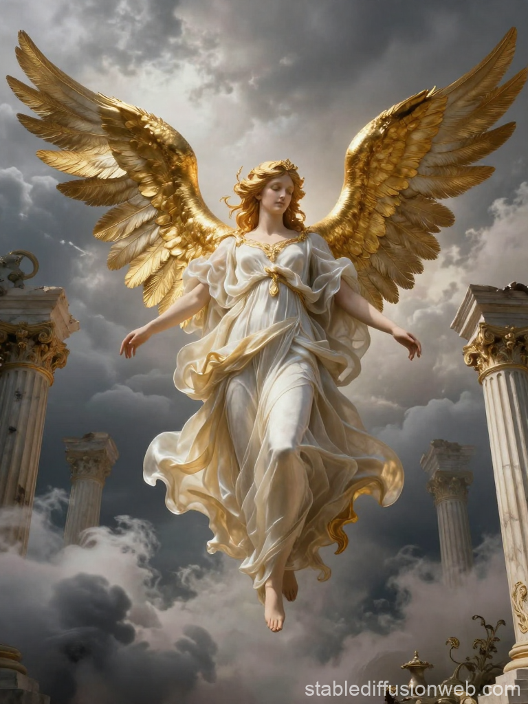 Celestial Angel with Golden Wings Amidst Stormy Skies