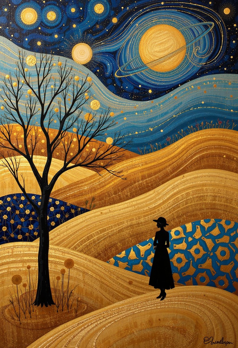 Celestial Landscape with Silhouette Woman