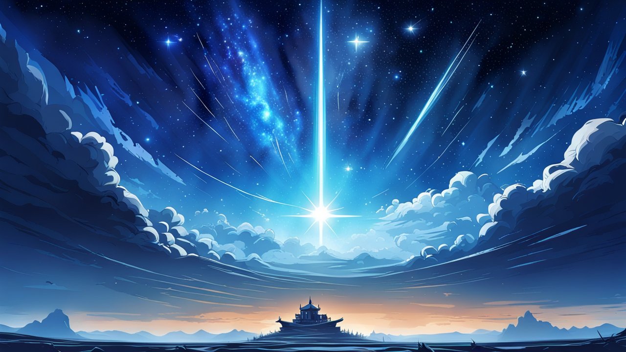 Celestial Light Beam Over Mystical Temple at Dusk