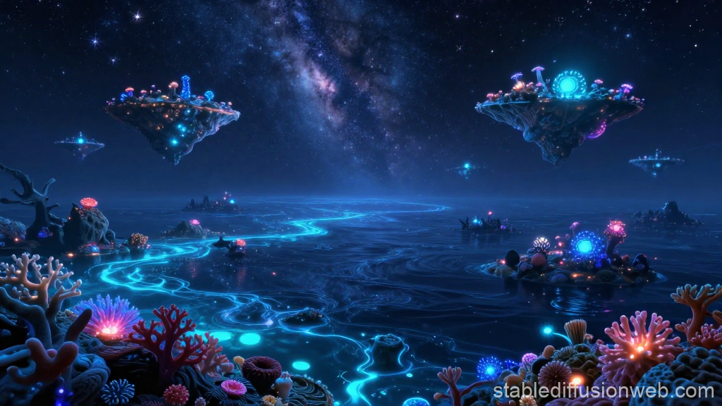 Celestial Ocean with Bioluminescent Floating Islands