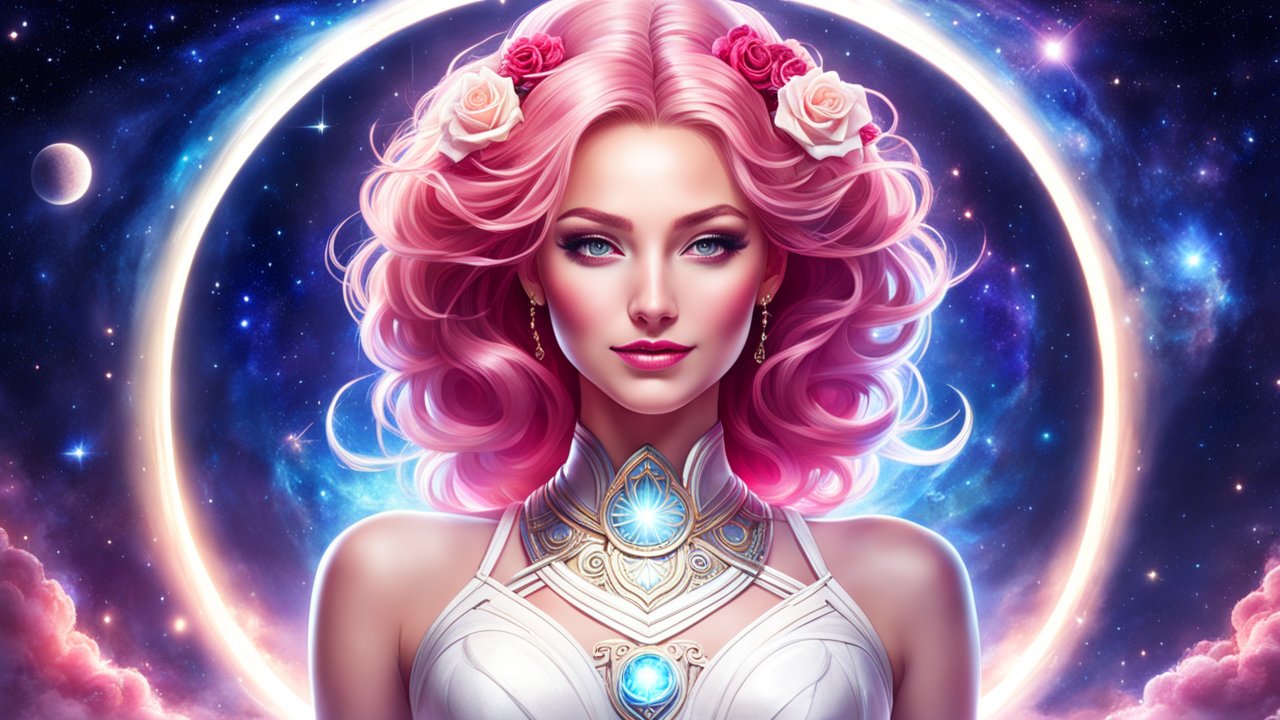 Celestial Woman with Pink Hair and Glowing Ornaments