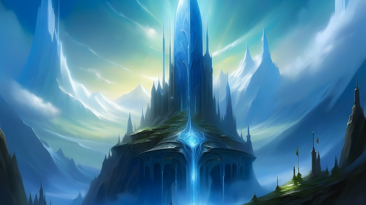 Celestia's Spire: Majestic Fantasy Tower in Mystical Mountains
