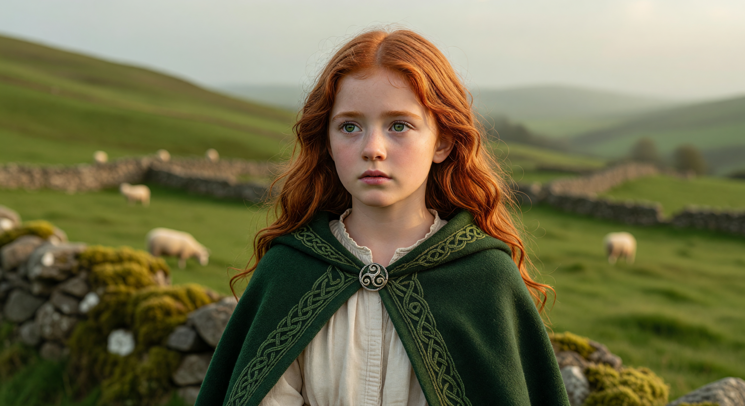 Celtic Red-Haired Maiden in Verdant Irish Countryside