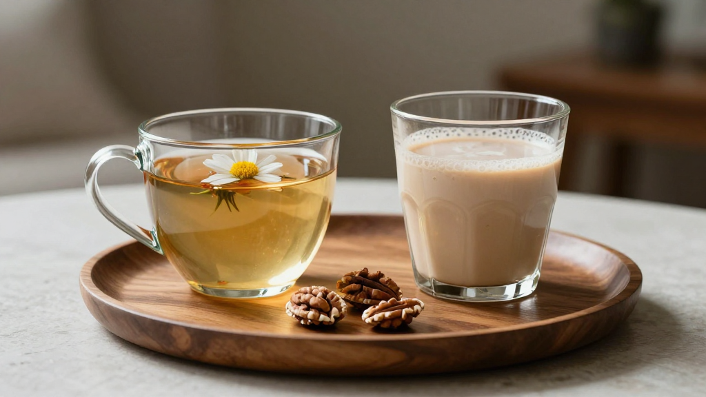 Chamomile Tea and Walnut Smoothie on Wooden Tray