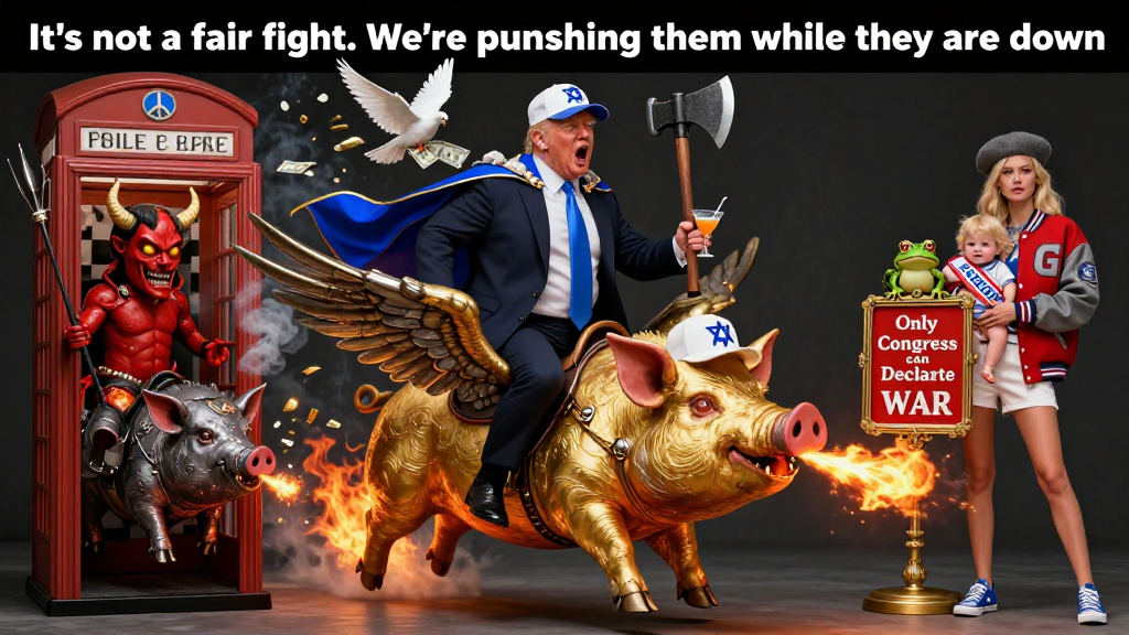 Chaotic Political Satire with Fiery Pigs and Bold Statements