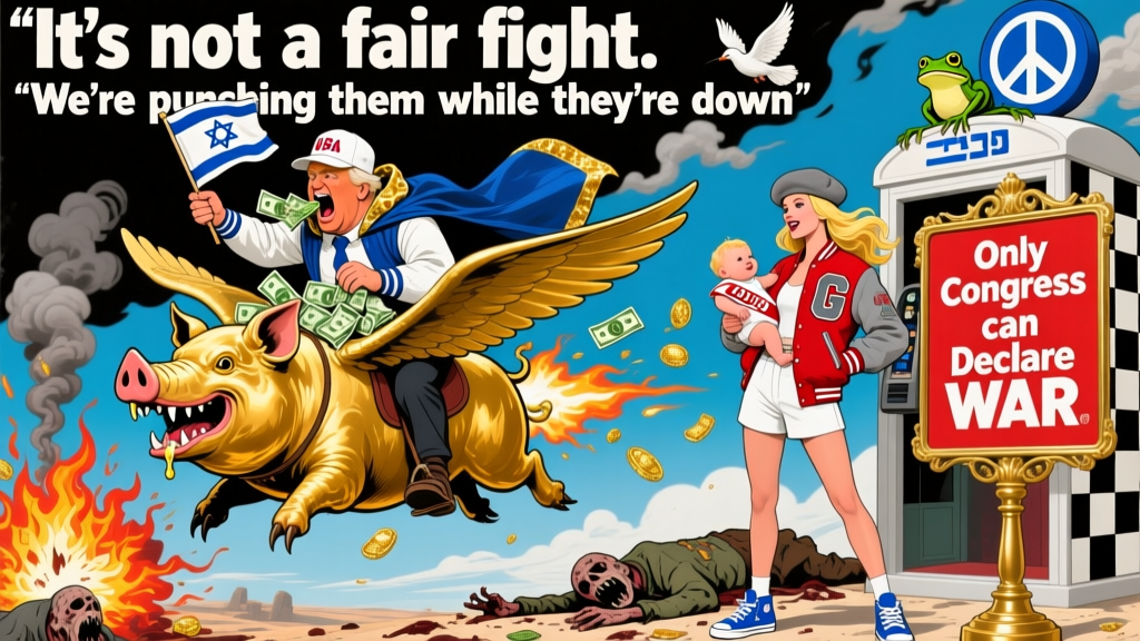 Chaotic Political Satire with Flying Golden Pig and War Commentary