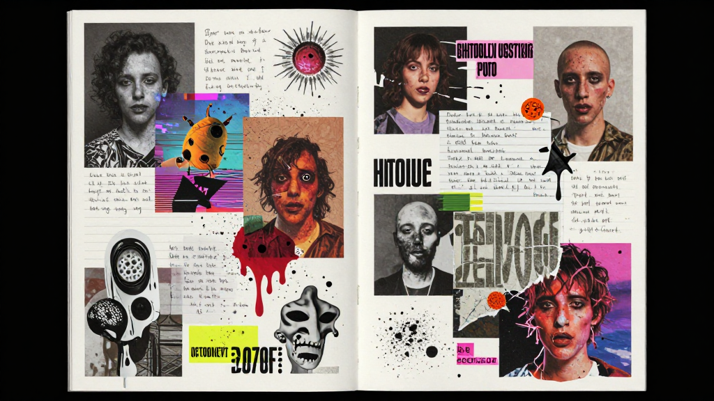 Chaotic Punk Zine Collage with Portraits and Abstract Elements