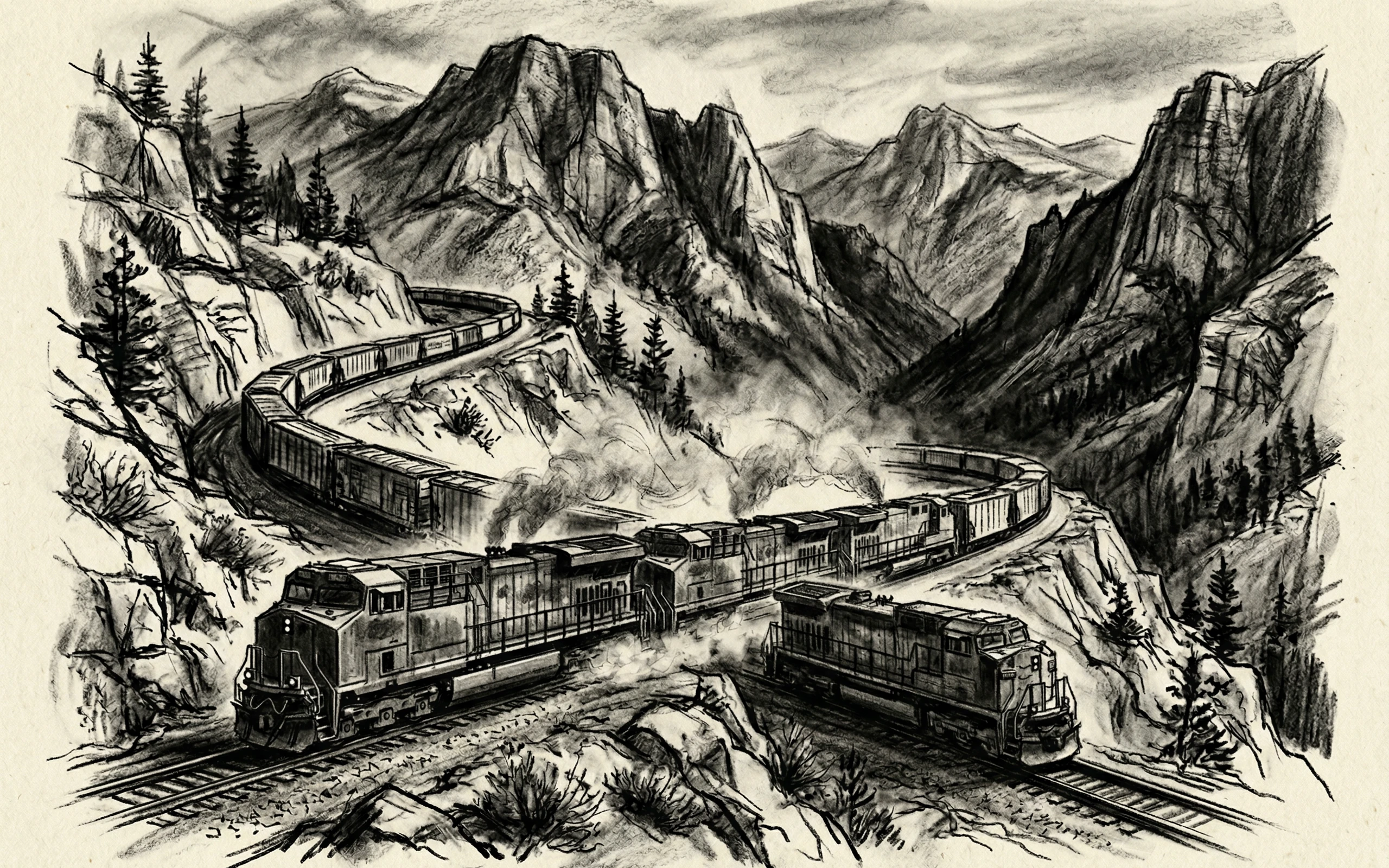 Charcoal Sketch of Freight Train Winding Through Mountain Pass