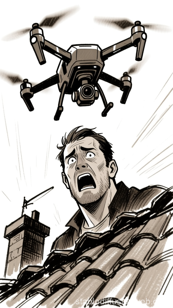 Charcoal Sketch of Man Frightened by Drone