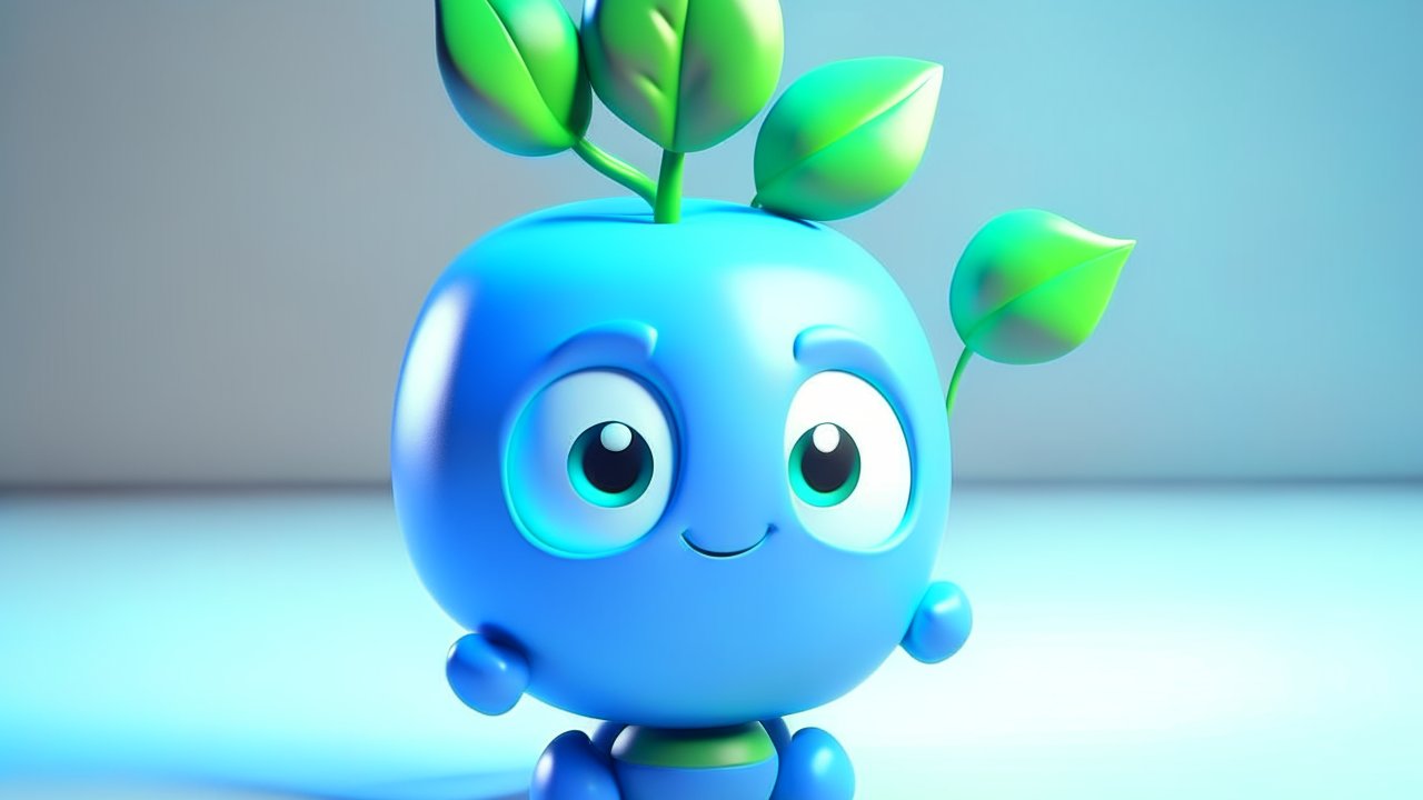 Charming 3D Blue Character with Green Leaves
