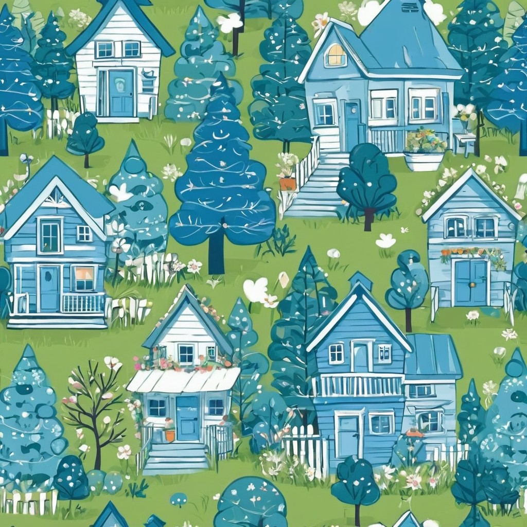 Charming Blue Cottage Village Pattern