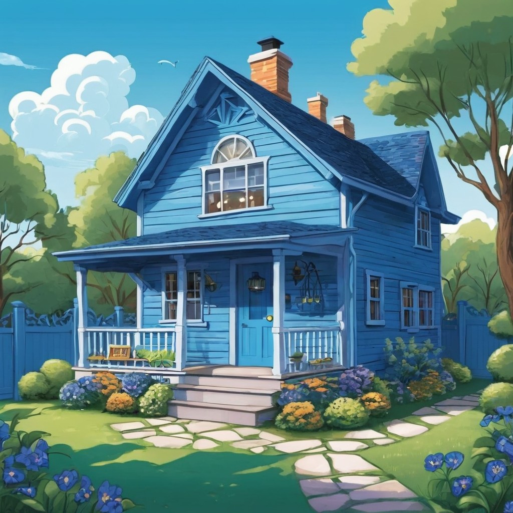 Charming Blue Cottage with Lush Garden on a Sunny Day