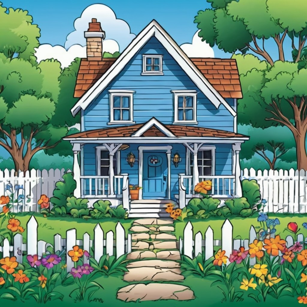 Charming Blue House with Colorful Garden and White Picket Fence