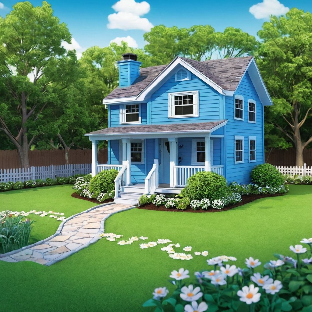 Charming Blue Two-Story House with Lush Garden