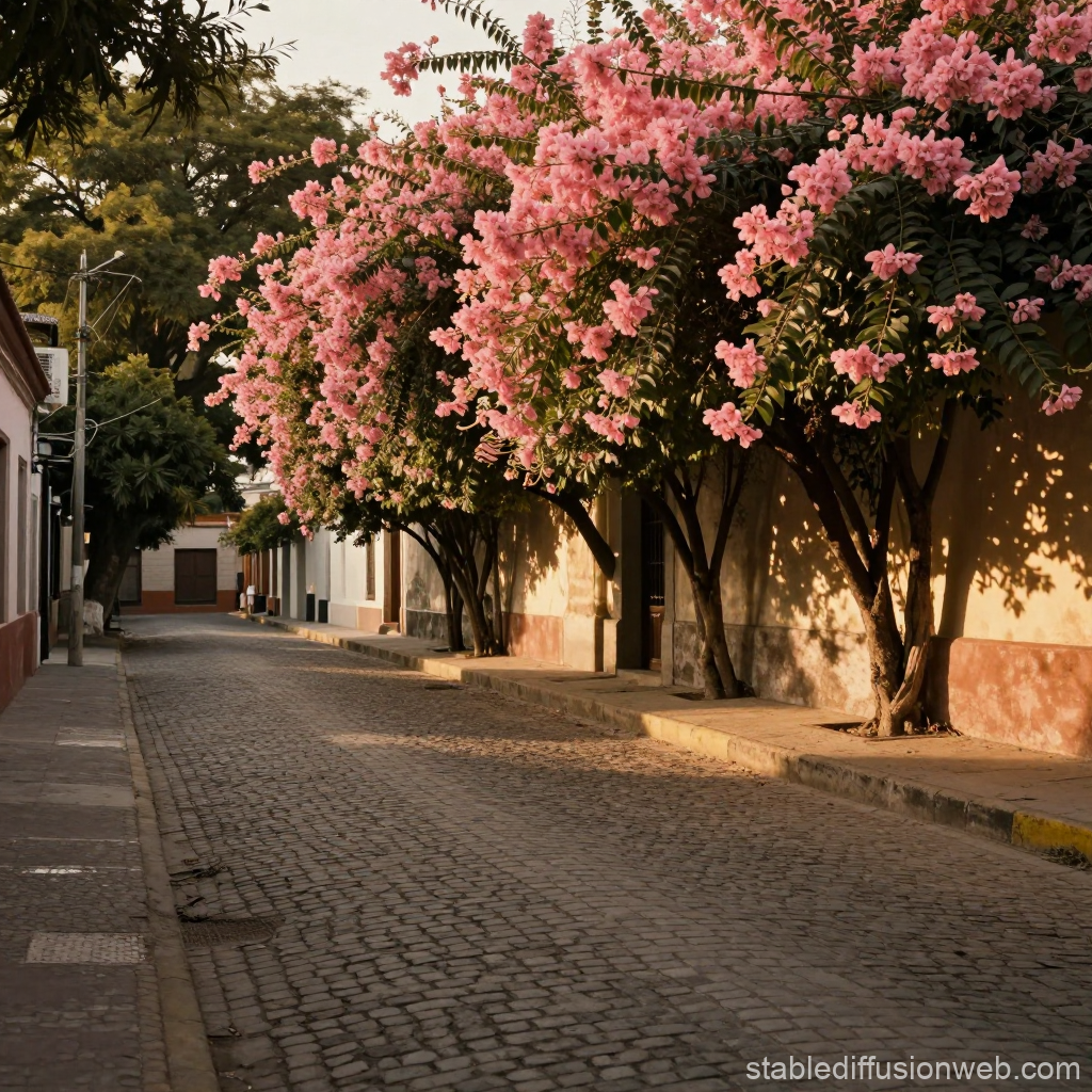 Charming Buenos Aires Alley with Blooming Pink Trees