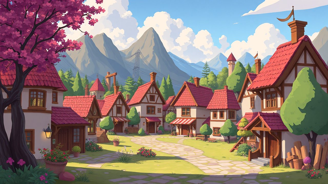 Charming Cartoon Village with Mountain Backdrop