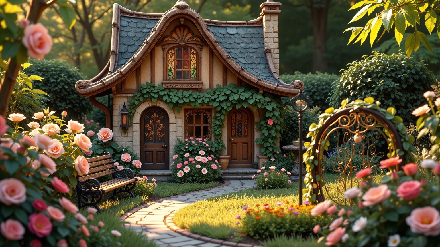 Charming Cottage Garden with Blooming Roses and Curved Pathway