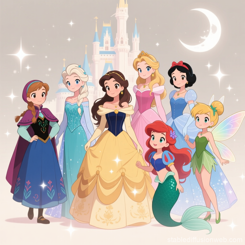 Charming Disney Princesses and Tinkerbell in Cute Anime Style