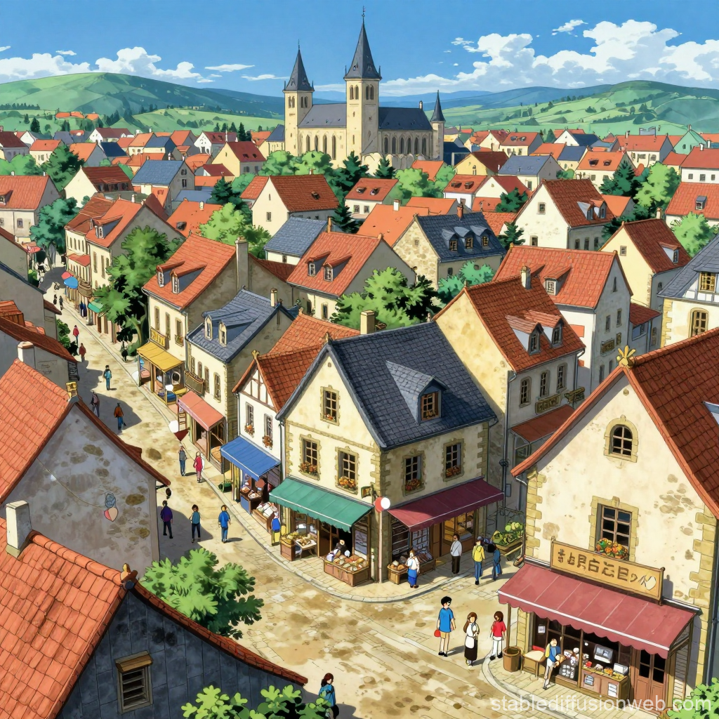Charming European Town with Shops and Church