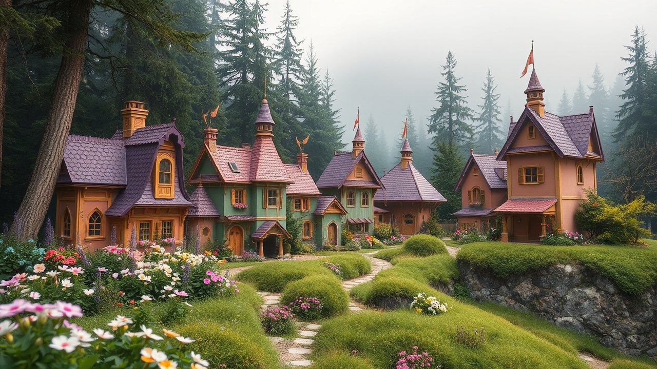 Charming Fairy Tale Village in Misty Forest