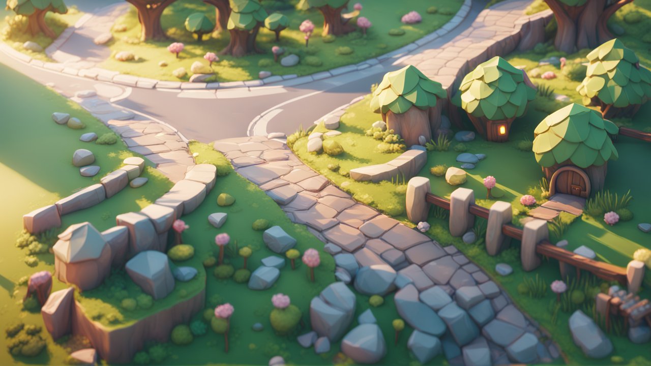 Charming Fantasy Village Crossroads in Soft Light