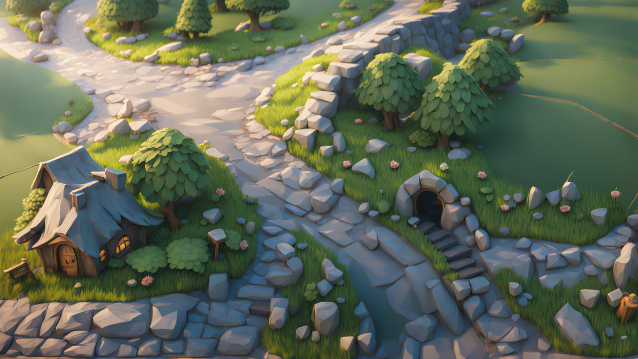 Charming Fantasy Village Pathway with Stone Cottage
