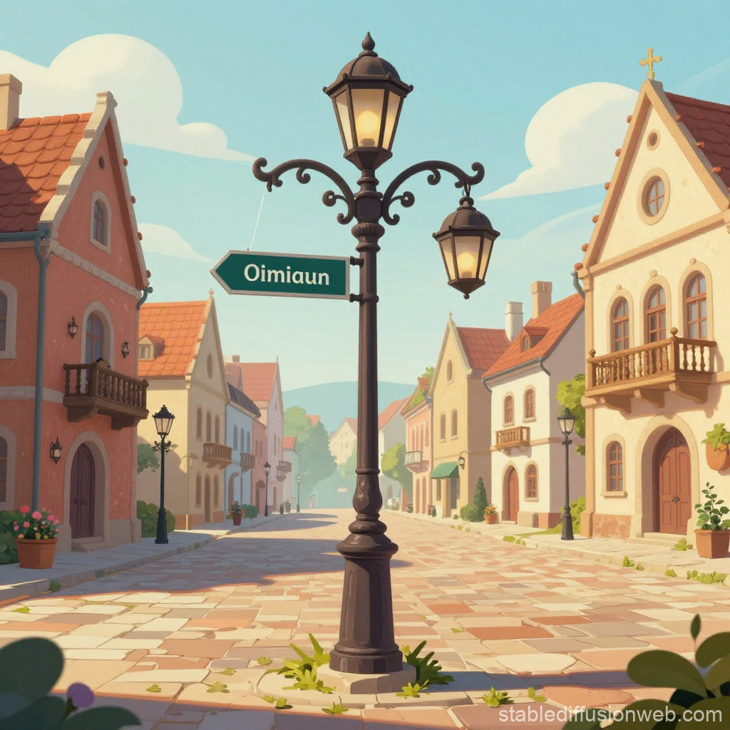 Charming Fantasy Village Street with Vintage Lamp Post