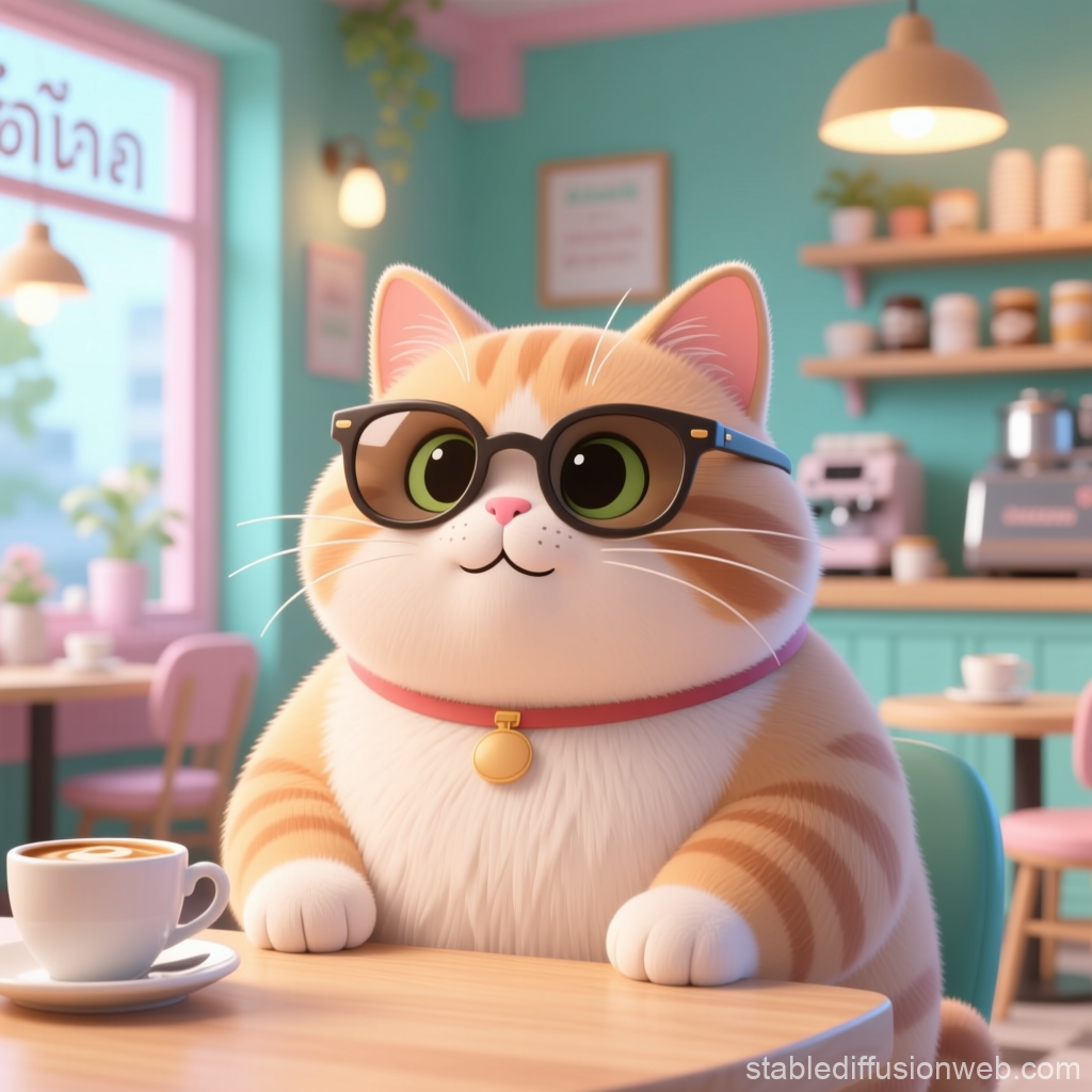 Charming Fat Cat Wearing Glasses in Cozy Cafe