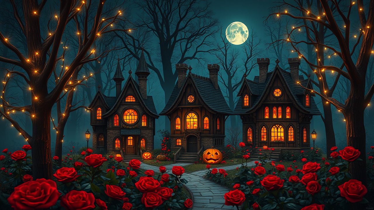 Charming Halloween Houses with Glowing Windows and Roses