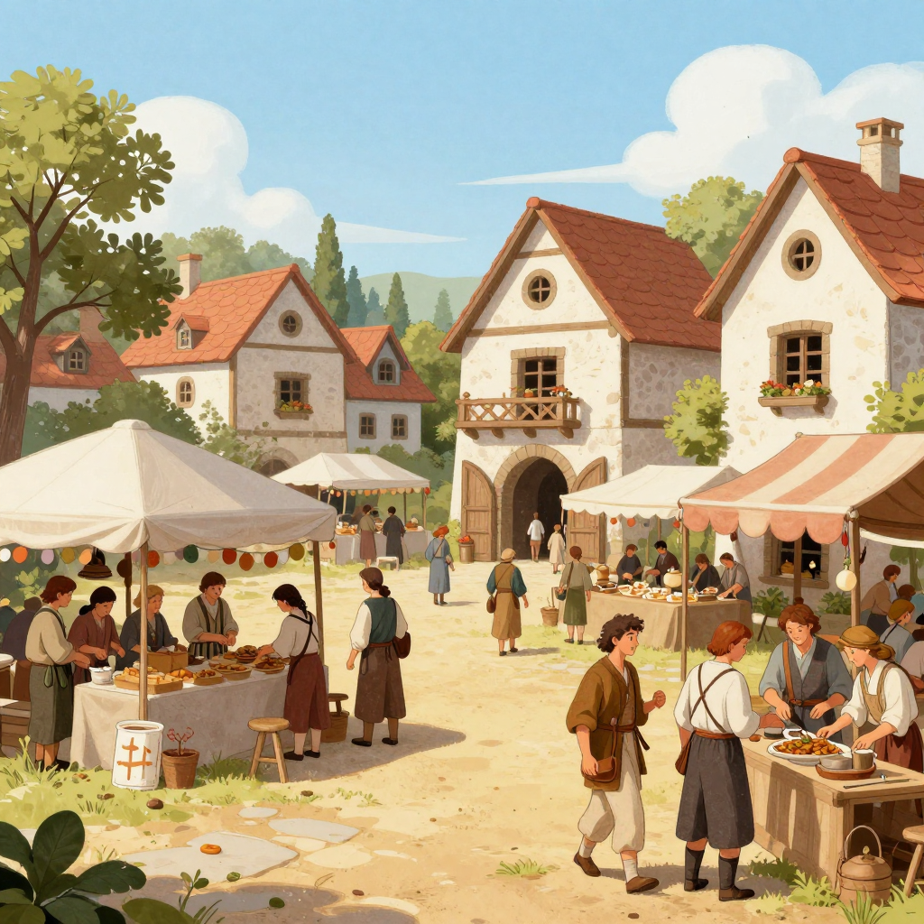 Charming Medieval Marketplace Scene in a Village