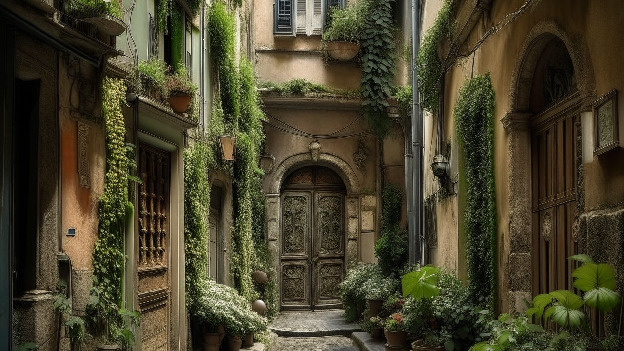 Charming Narrow Alleyway with Lush Greenery in Rome
