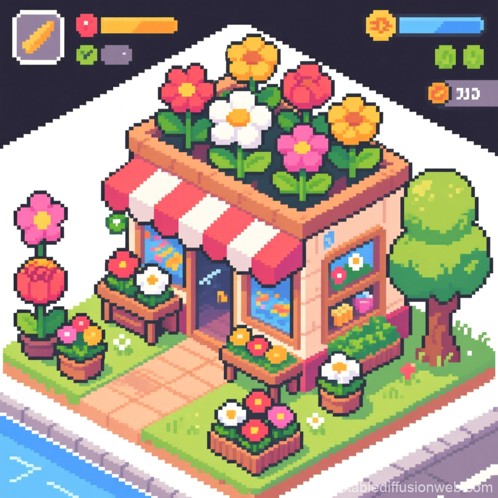 Charming Pixel Art Flower Shop with Colorful Blooms