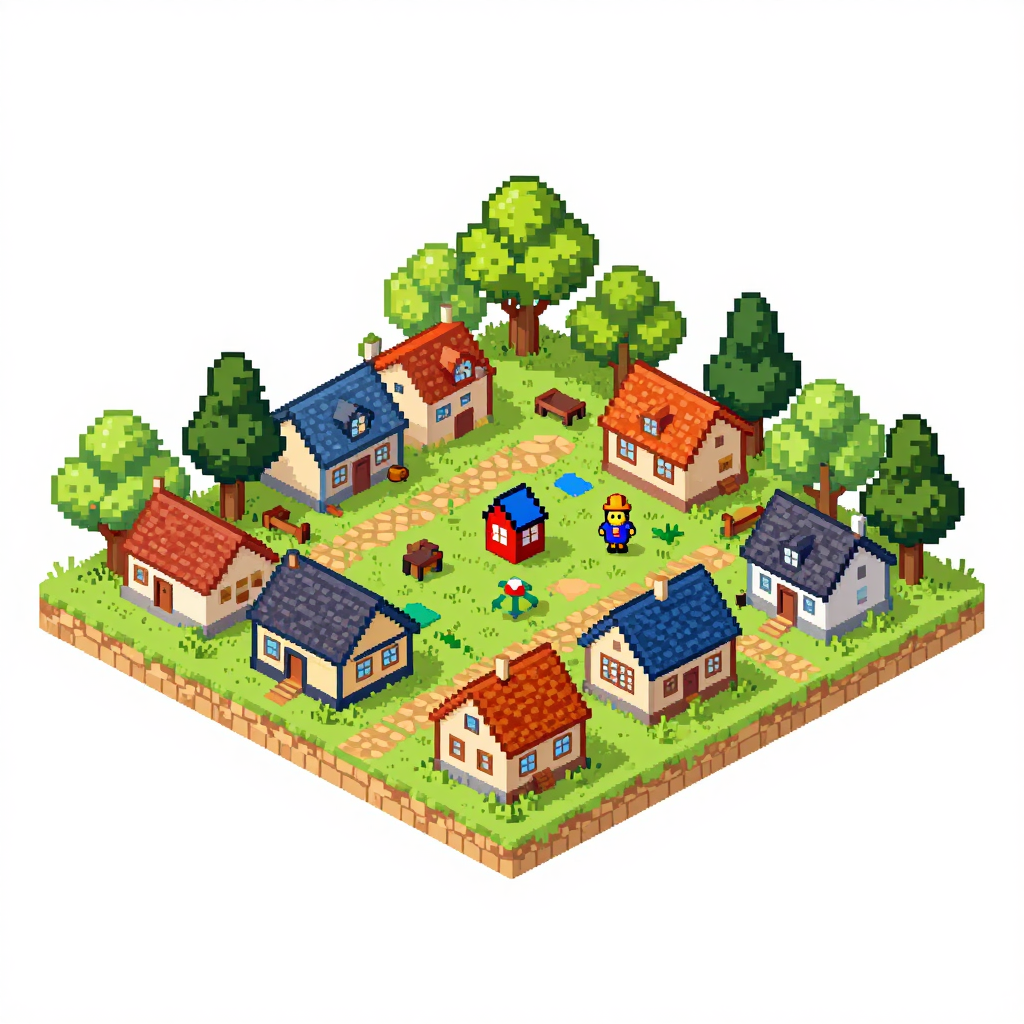 Charming Pixel Art Village with Cozy Houses and Trees