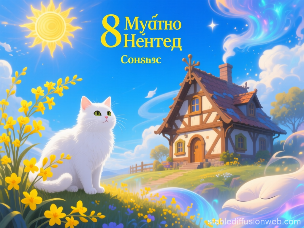 Charming Spring Day with White Cat and Cozy Cottage