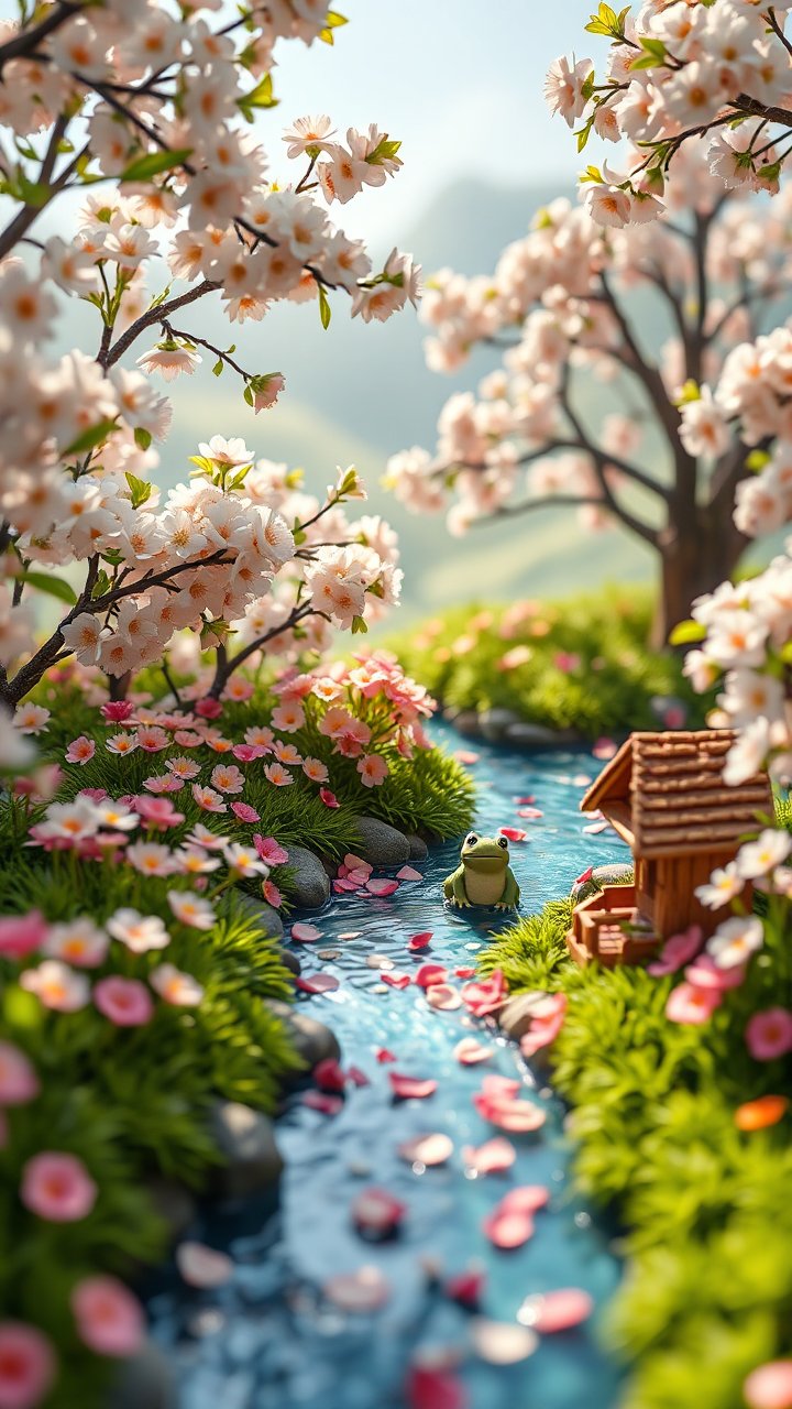 Charming Spring Stream with Blossoms and Frog