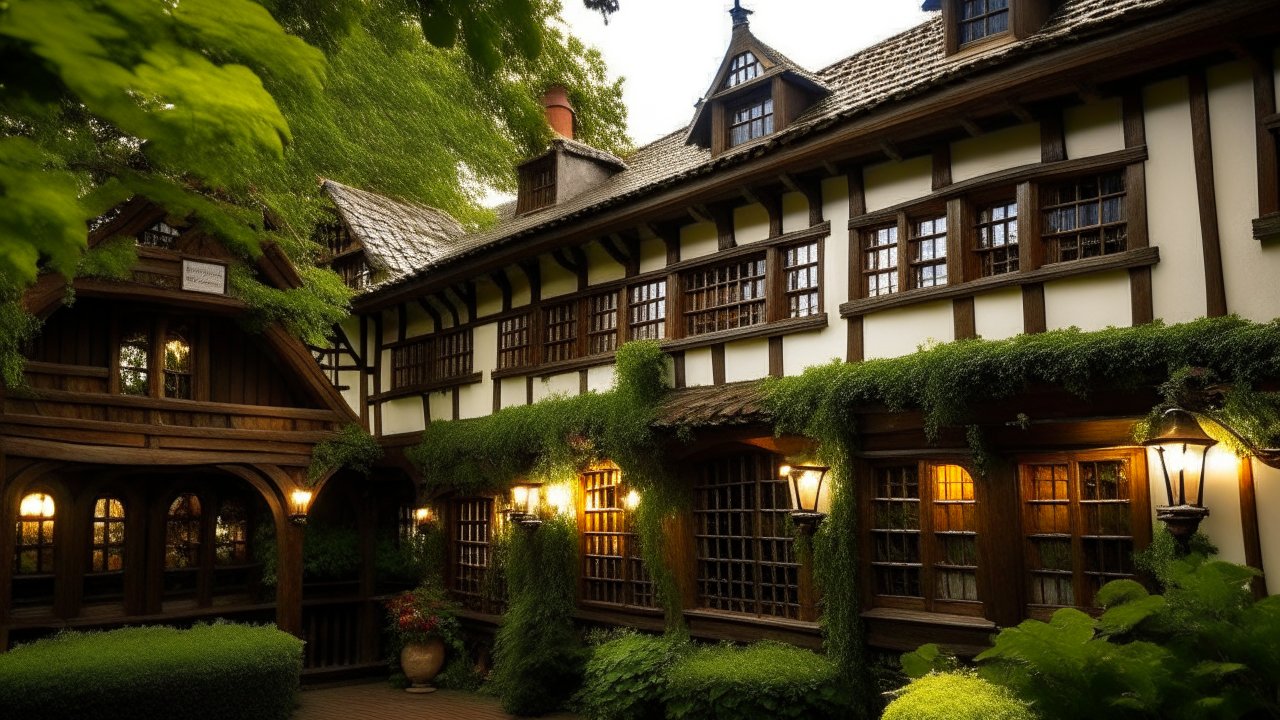 Charming Tudor-Style Cottage with Lush Greenery at Dusk
