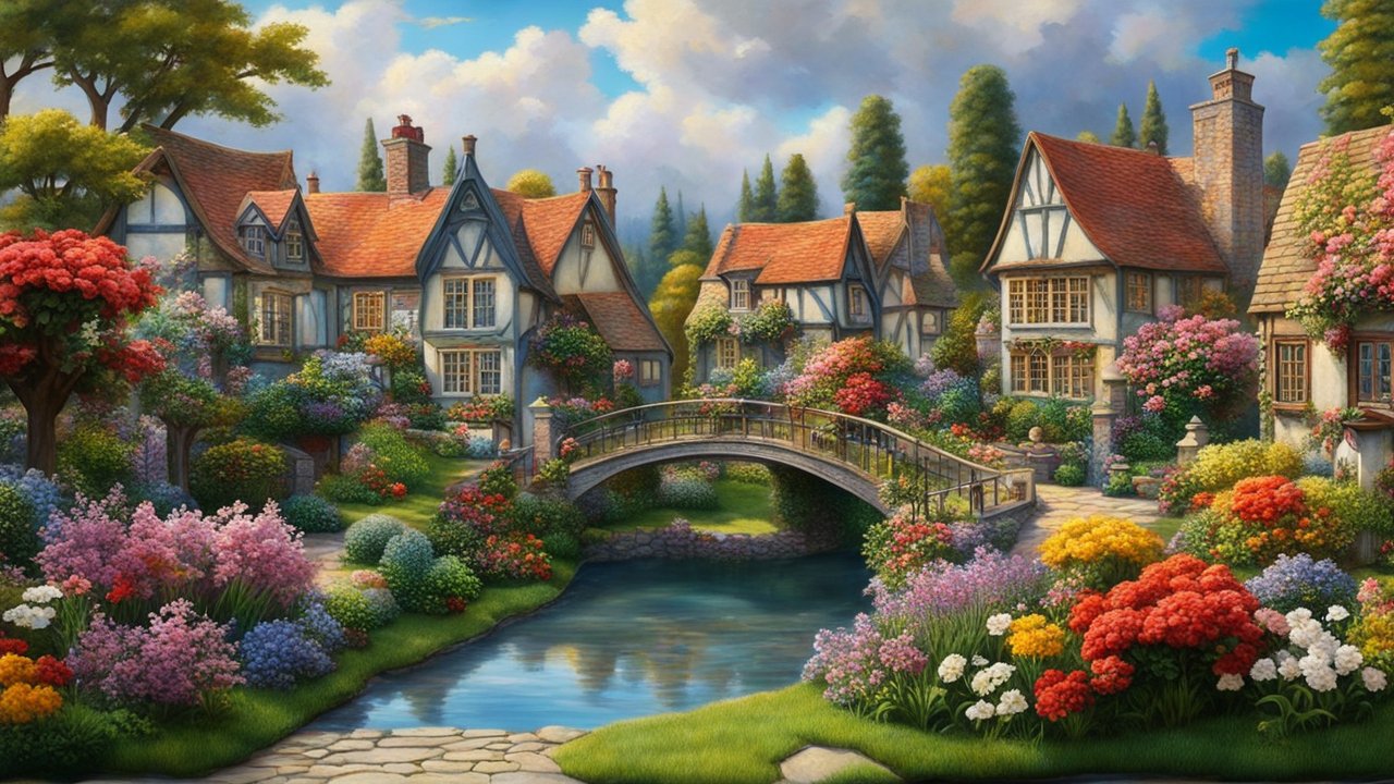 Charming Village Scene with Flower Gardens and Stone Bridge