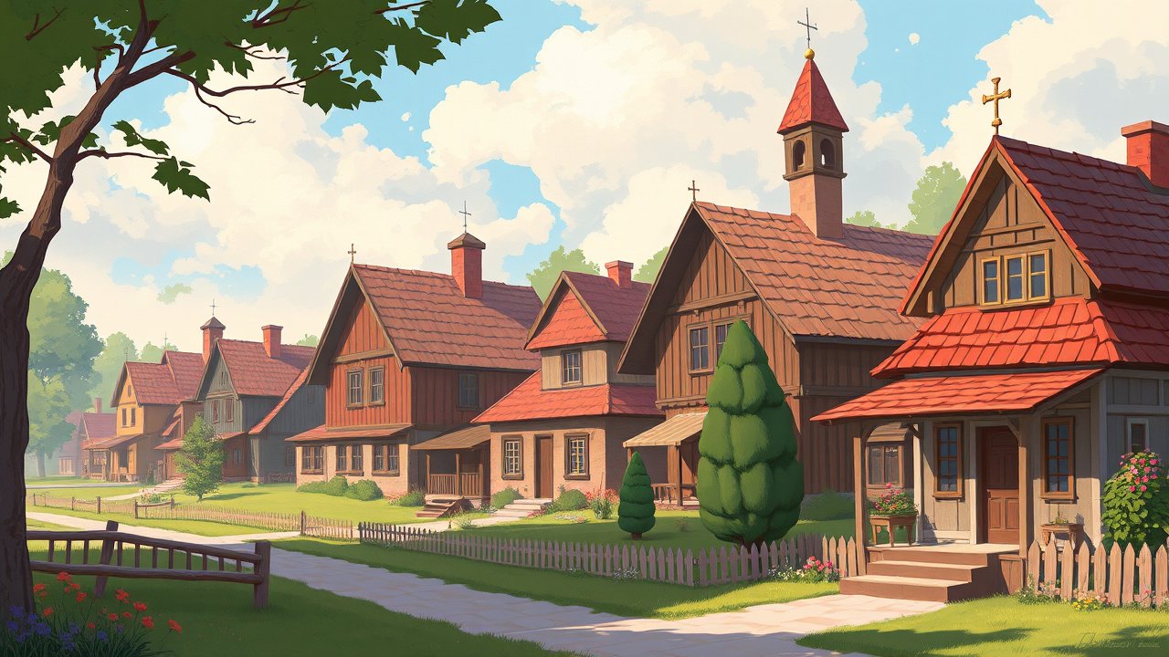 Charming Village Street with Classic Wooden Houses