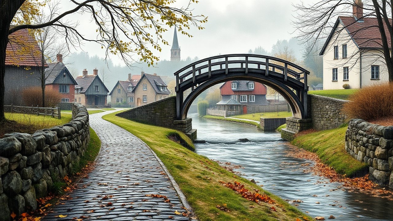 Charming Village with Stone Bridge over a Serene Stream