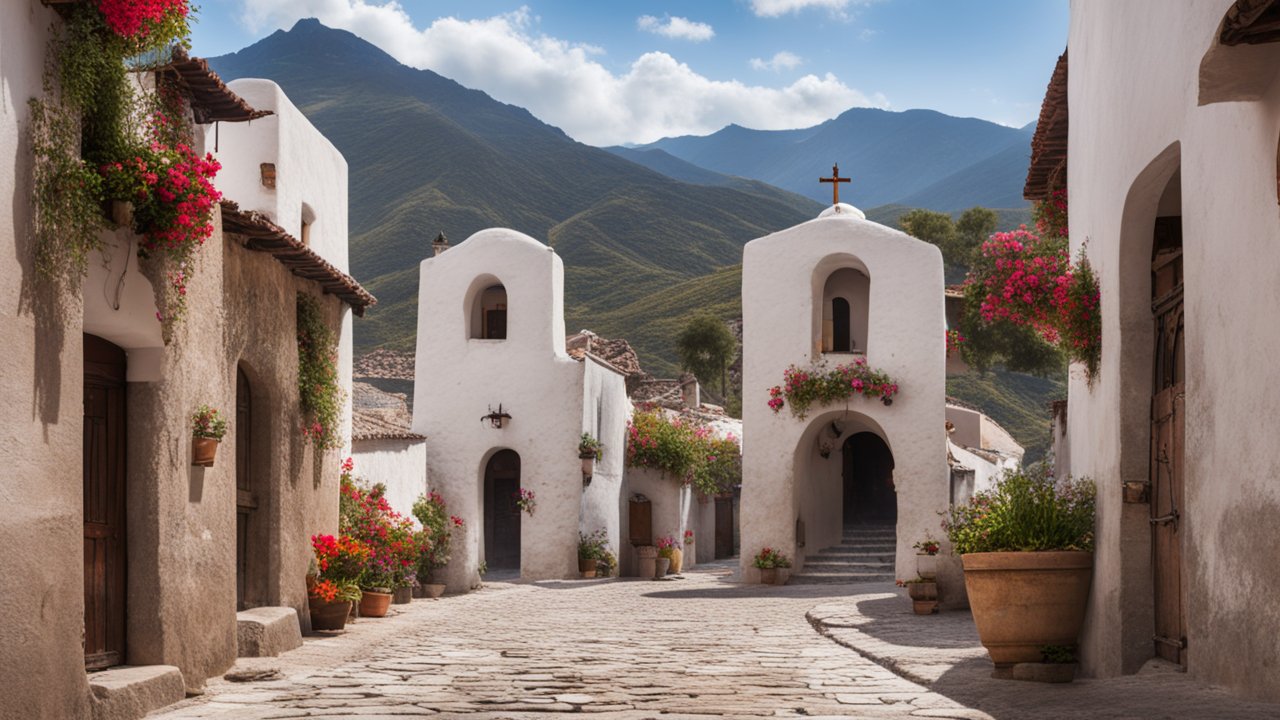 Charming Whitewashed Village Street with Mountain Backdrop